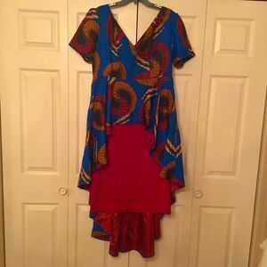 EY Studio Bold Royal Blue, Ruby Red & Gold Print African high-low dress